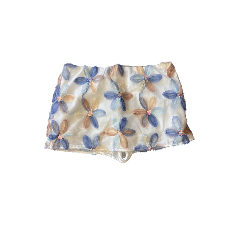 Aveloria Women White 3D Floral Applique Sequin Mini Skort Blue Tan Size S US 4